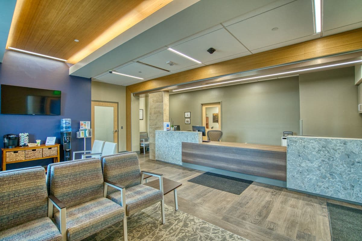 The waiting room and reception desk